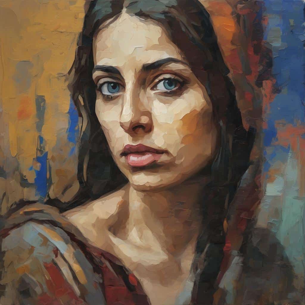 Έγχρωμο ψηφιακό πορτραίτο γυναίκας με έντονες μπλε μάτια και σκούρα μαλλιά, σε ζωγραφικό στυλ με έντονα χρώματα και πινελιές που τονίζουν την τέχνη του σχεδίου.