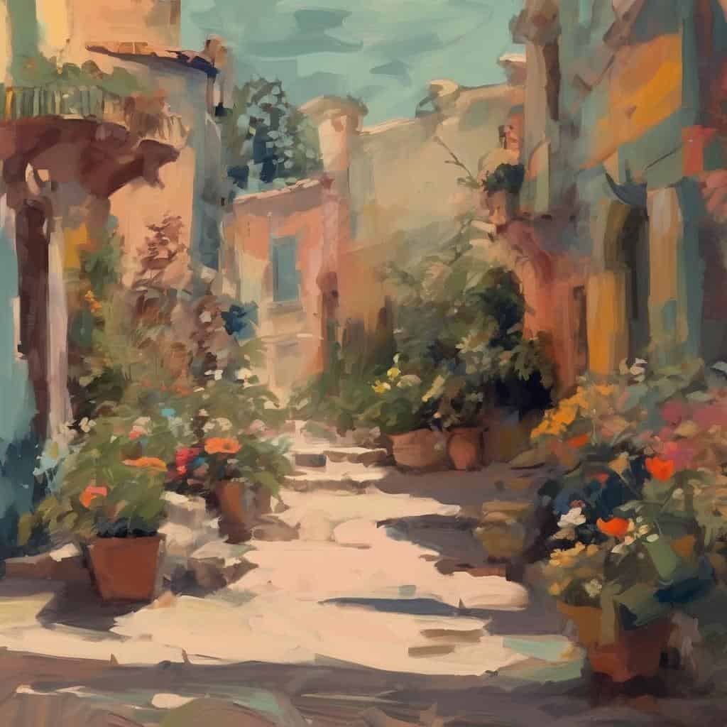 ζωγραφιά τοπίου, τέχνη σχεδίου, όμορφο χωριό με λουλούδια, καλλιτεχνική απεικόνιση, βασικό στοιχείο τέχνης και δημιουργικότητας.