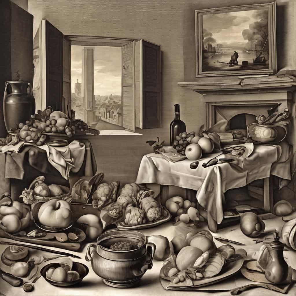 Παραδοσιακό still-life με φρούτα και αντικείμενα, ζωγραφισμένο με τέχνη του σχεδίου, αποπνέει ρεαλισμό και λεπτομέρεια.