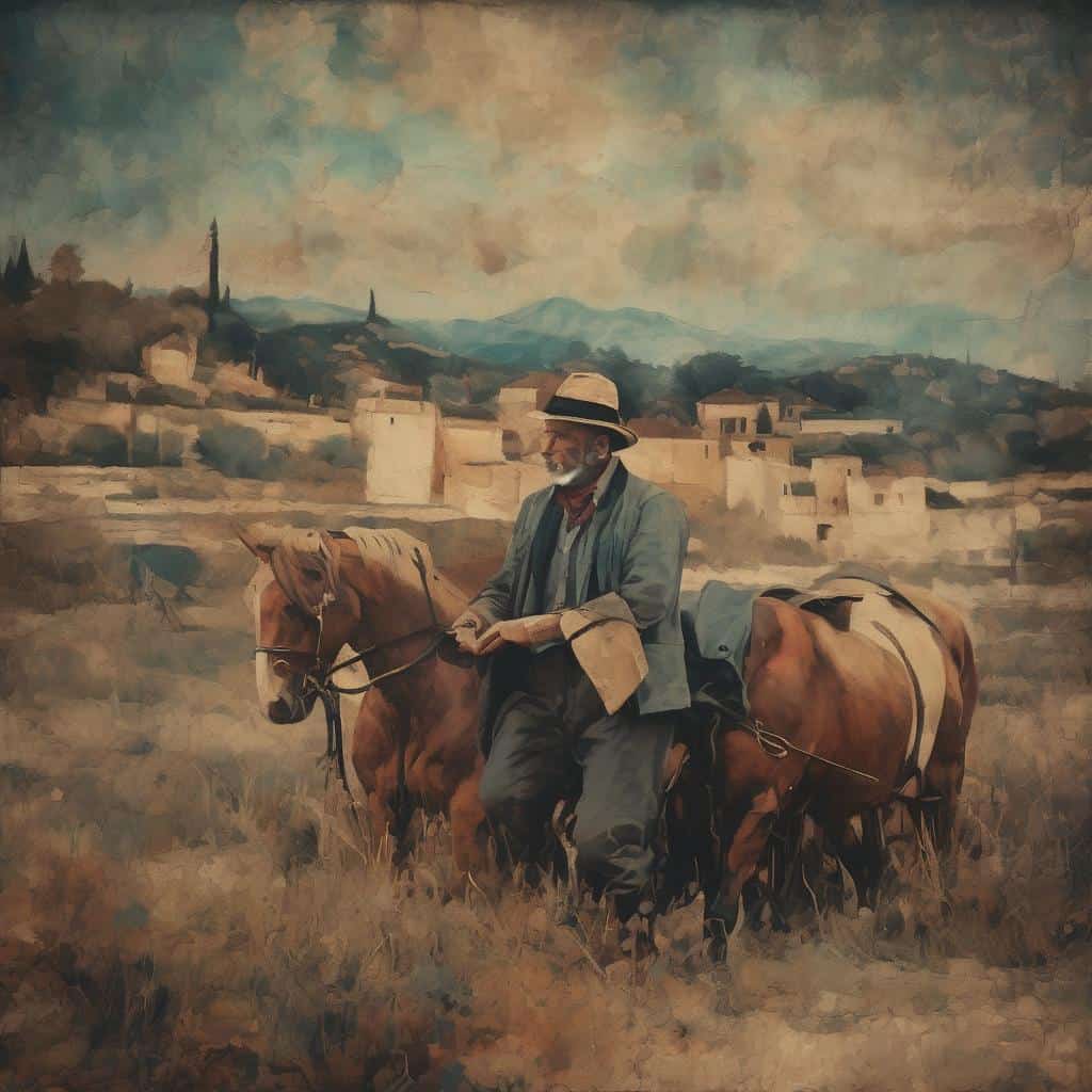 Ο καλλιτέχνης δημιουργεί ένα ρεαλιστικό πίνακα με έναν άνδρα που οδηγεί ένα άλογο σε αγροτική περιοχή με παραδοσιακά σπίτια και λόφους στο βάθος, με έμφαση στην τέχνη του σχεδίου και την πολιτιστική κληρονομιά.