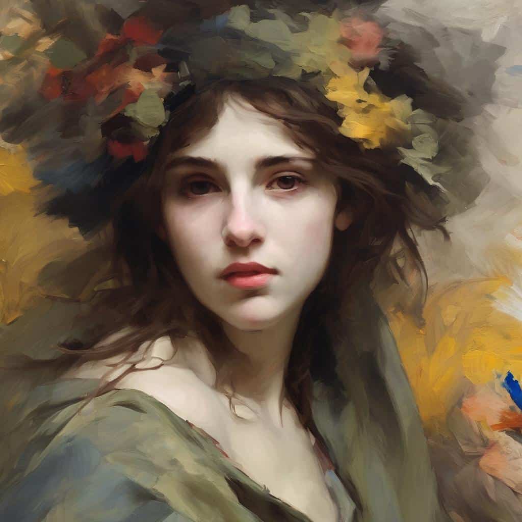 Πορτρέτο γυναίκας με φυσικό ύφος και νεανική εμφάνιση, φόντο με πτούς, ρεαλιστικό και εικαστικό στυλ, αναδεικνύοντας την τέχνη του σχεδίου και τη δημιουργική έκφραση.